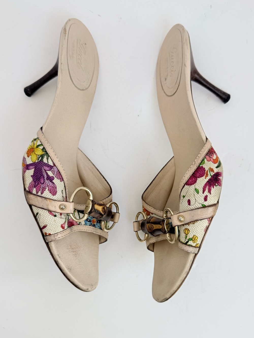 Rare Gucci Flora Bamboo Horsebit Mule Heels Vintage Y2K Floral Canvas 10.5B - Picture 4 of 10